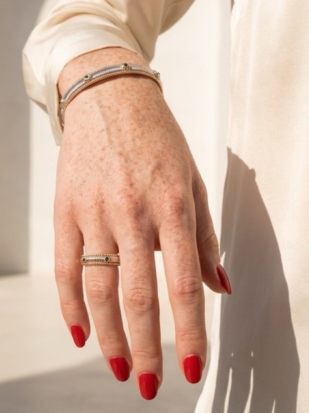 Two-Tone Gold & Silver Emerald Accent Cuff Bracelet and Ring Set